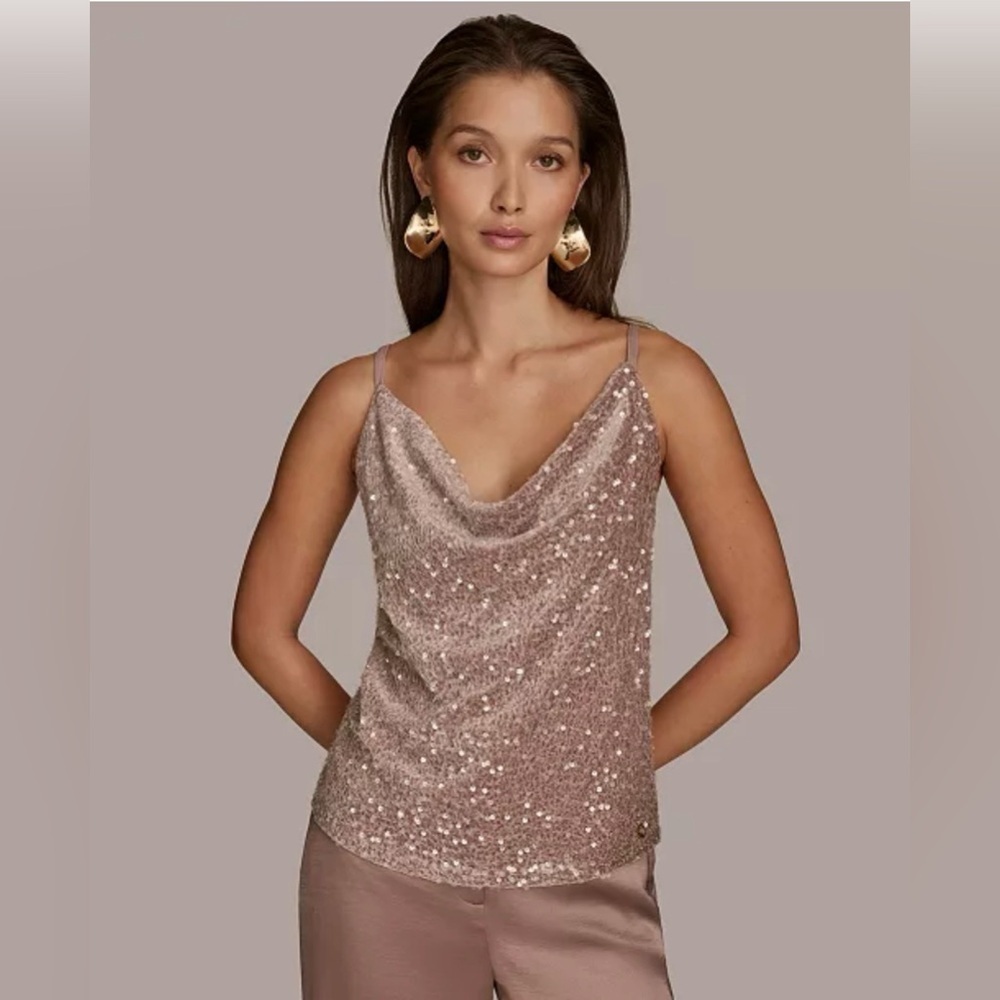 Donna Karan Sequin Cowl Neck Spaghetti Strap Top in Rose Gold. Size XL.